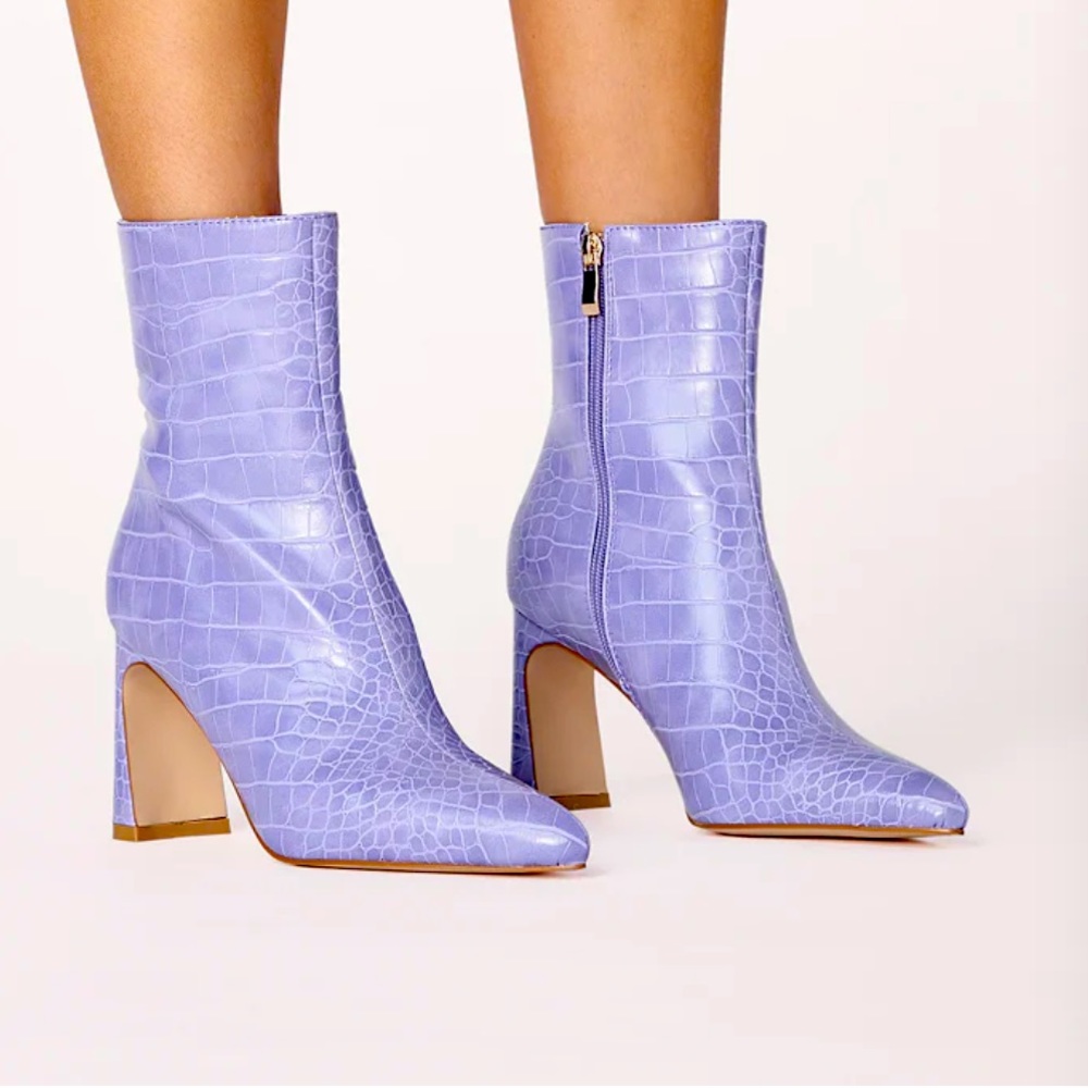 Purple crocodile high heel booties from Billini